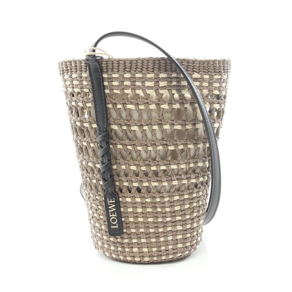 Loewe Braided Pocket Leather Raffia Shoulder Bag Khaki Green Black